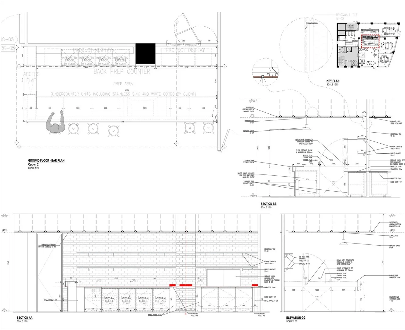 Bar plan, elevations and sections with joinery details
