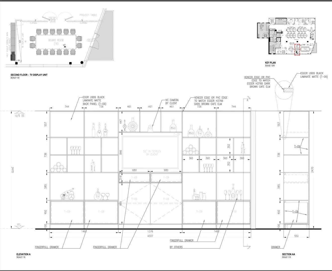 Joinery elevation and section of a boardroom display unit