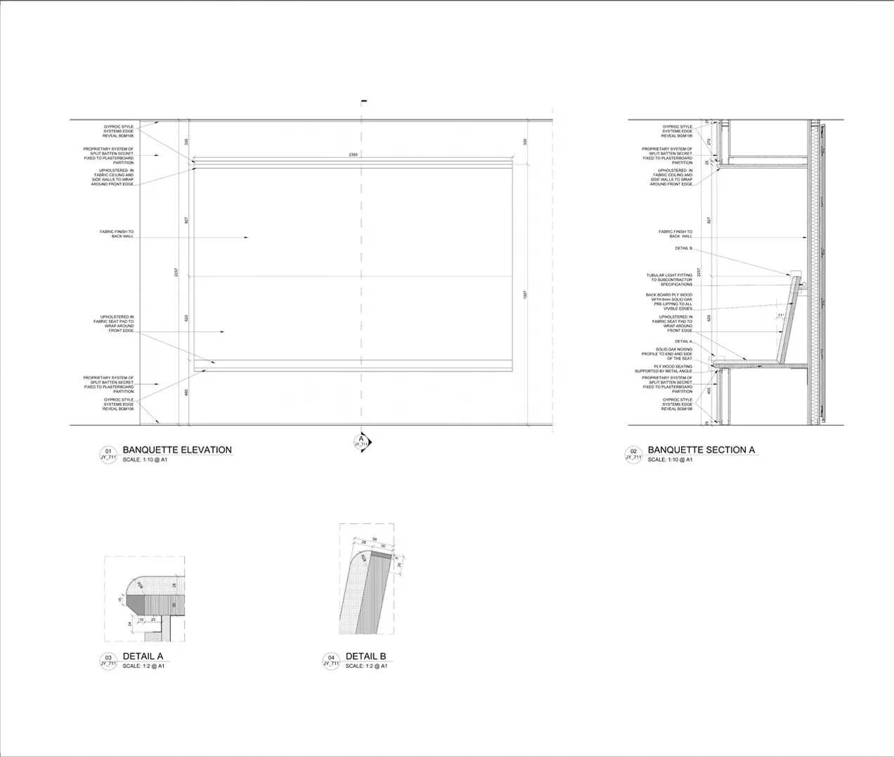 Banquette seating elevation, section and details