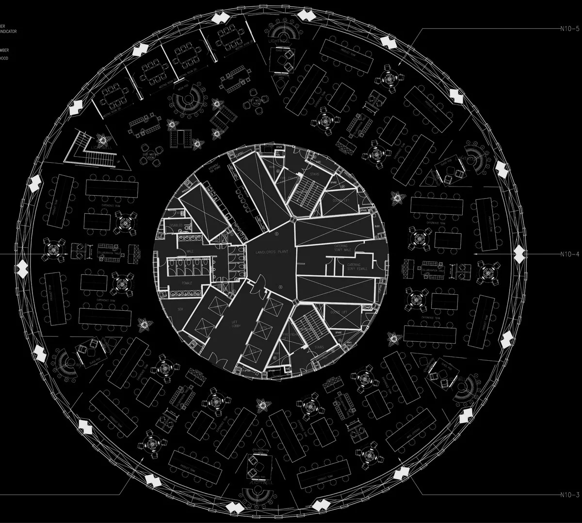 Furniture layout of a circular office floor, white lines on black