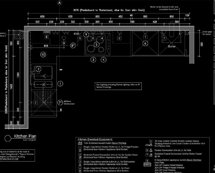 CAD kitchen plan with dimensions and appliance positions, white lines on black