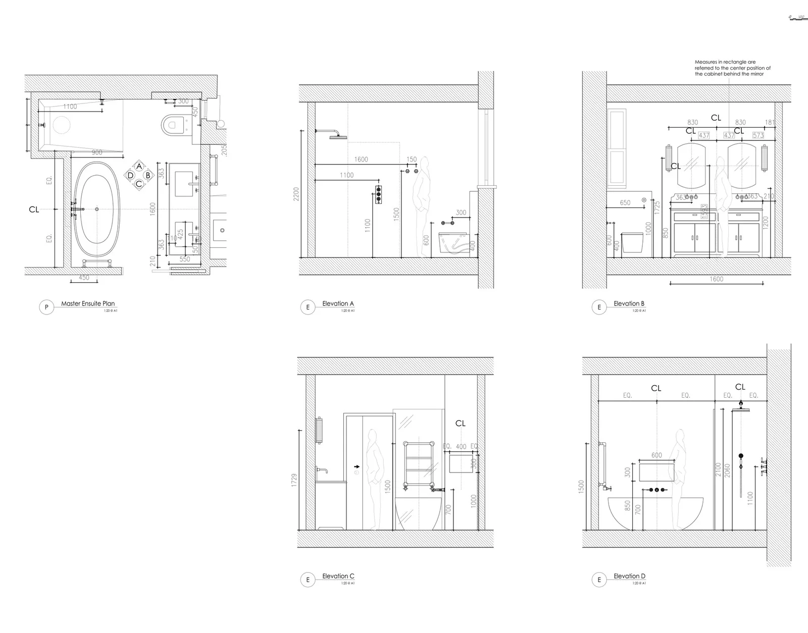 Master ensuite plan and four wall elevations