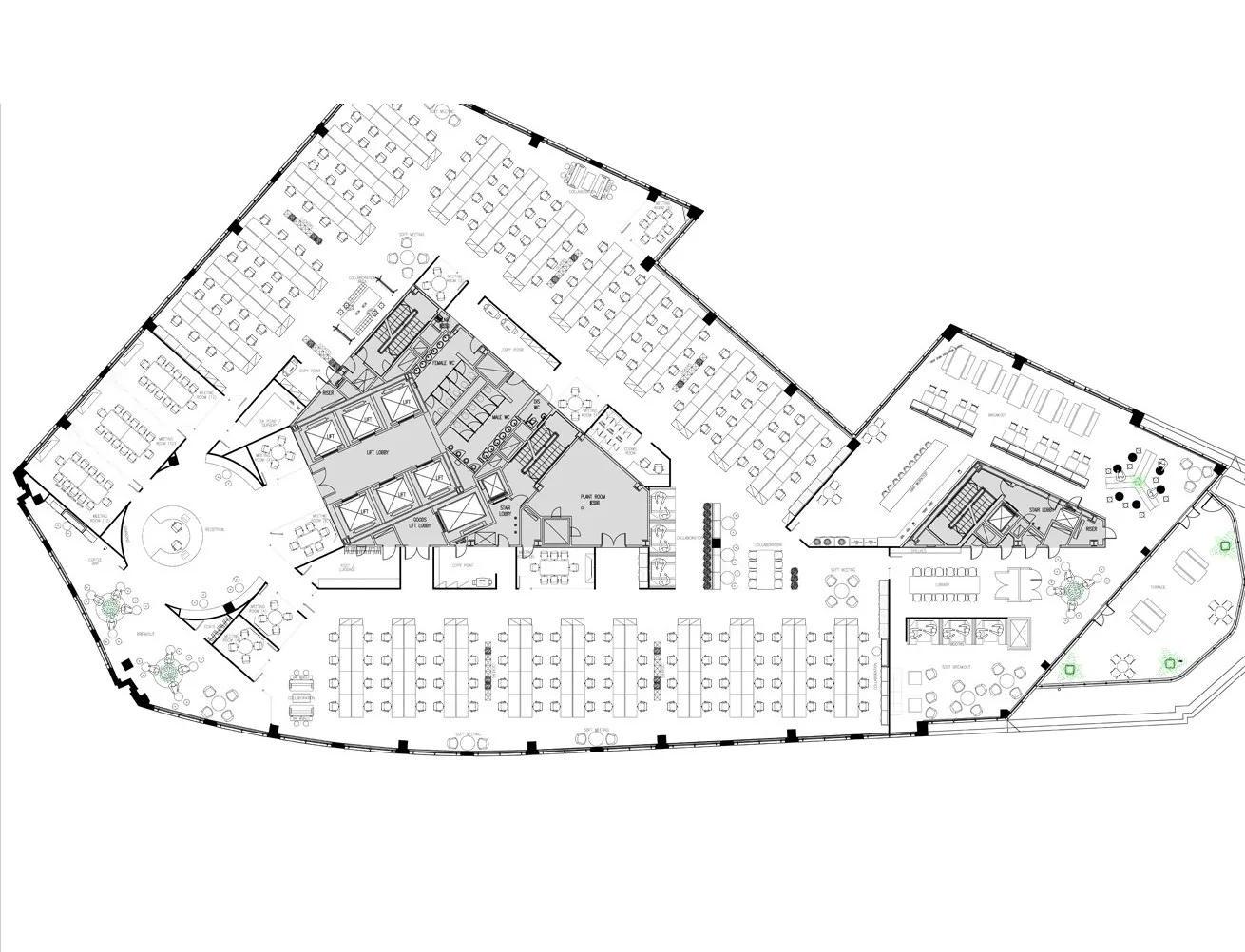 Furniture layout of an angular open-plan office floor with two cores