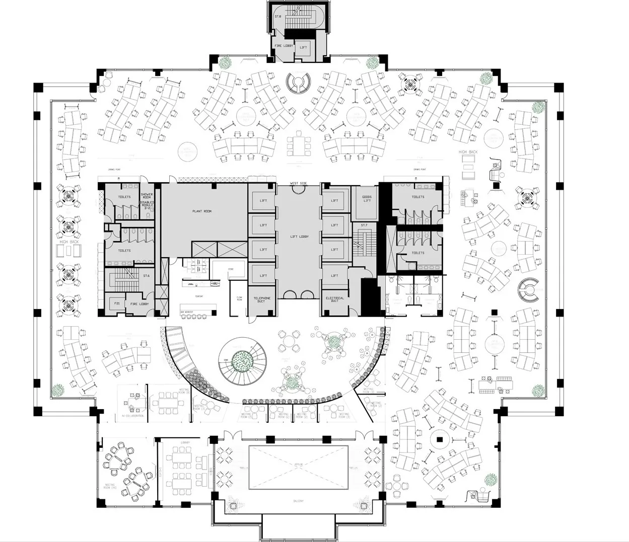 Furniture layout of an open-plan office floor around a central core