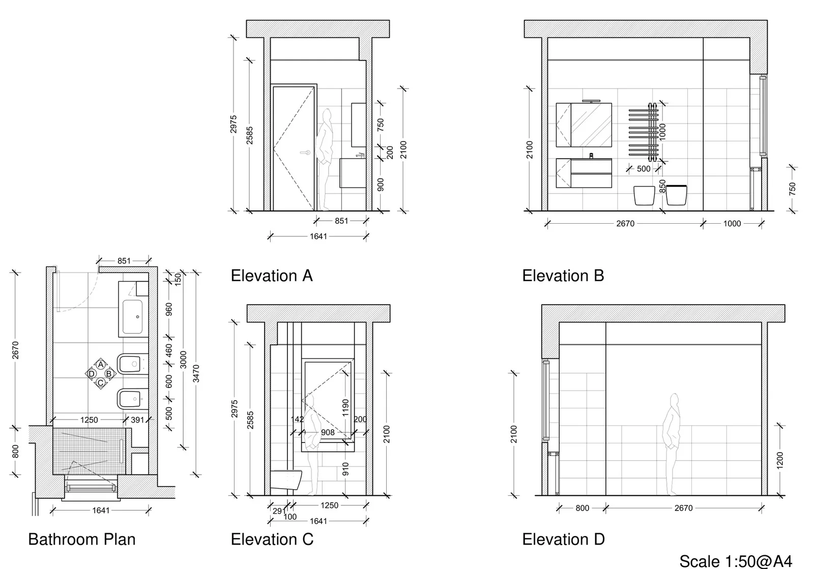 Bathroom plan and four wall elevations with tile layout and dimensions