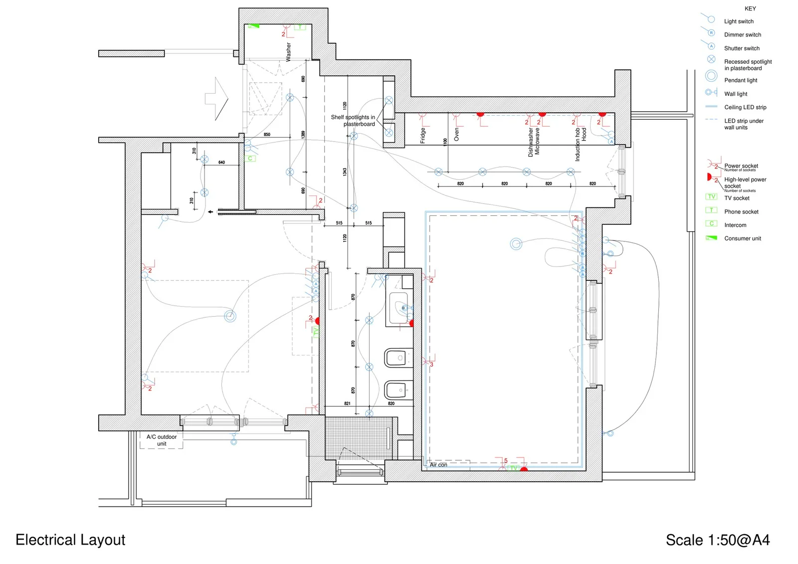 Apartment electrical layout showing sockets, switches, lighting and kitchen appliances