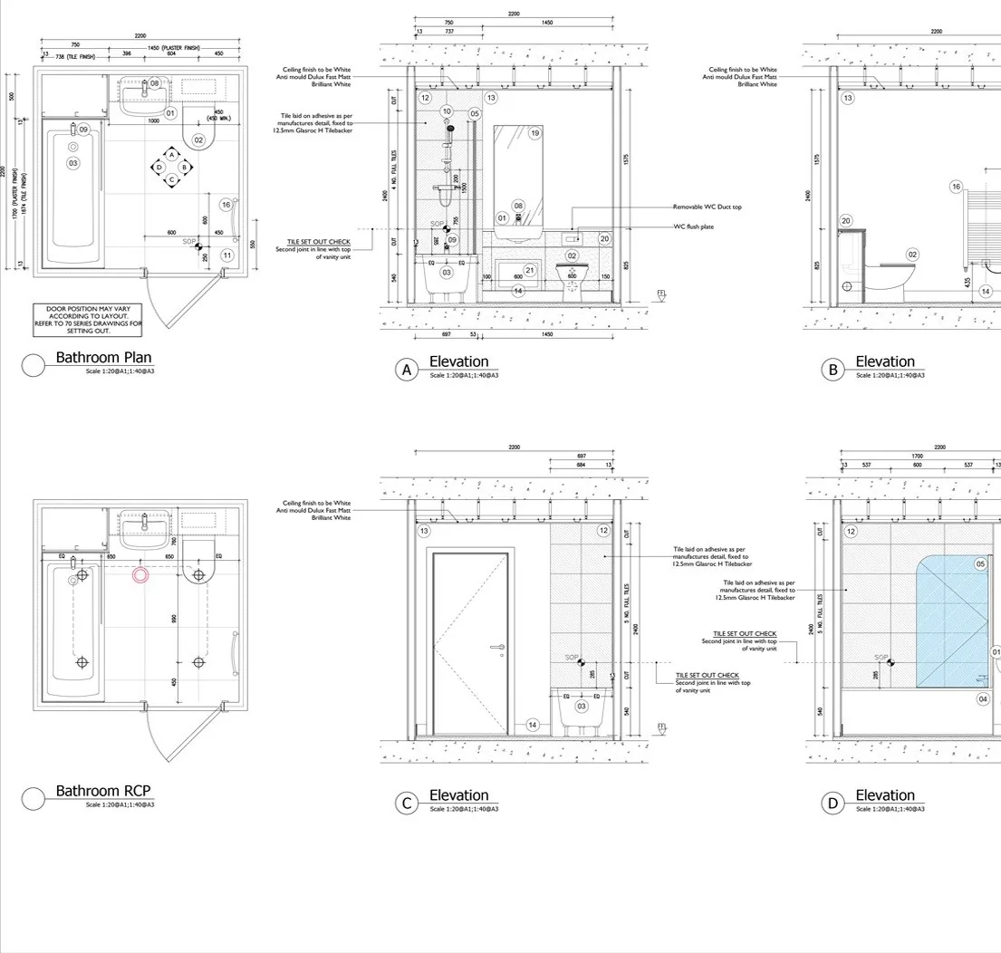 Bathroom type plan, ceiling plan and elevations