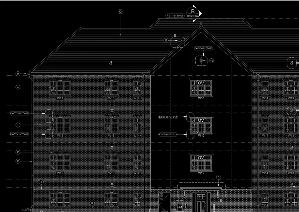 Elevation of a four-storey block of flats, white lines on black