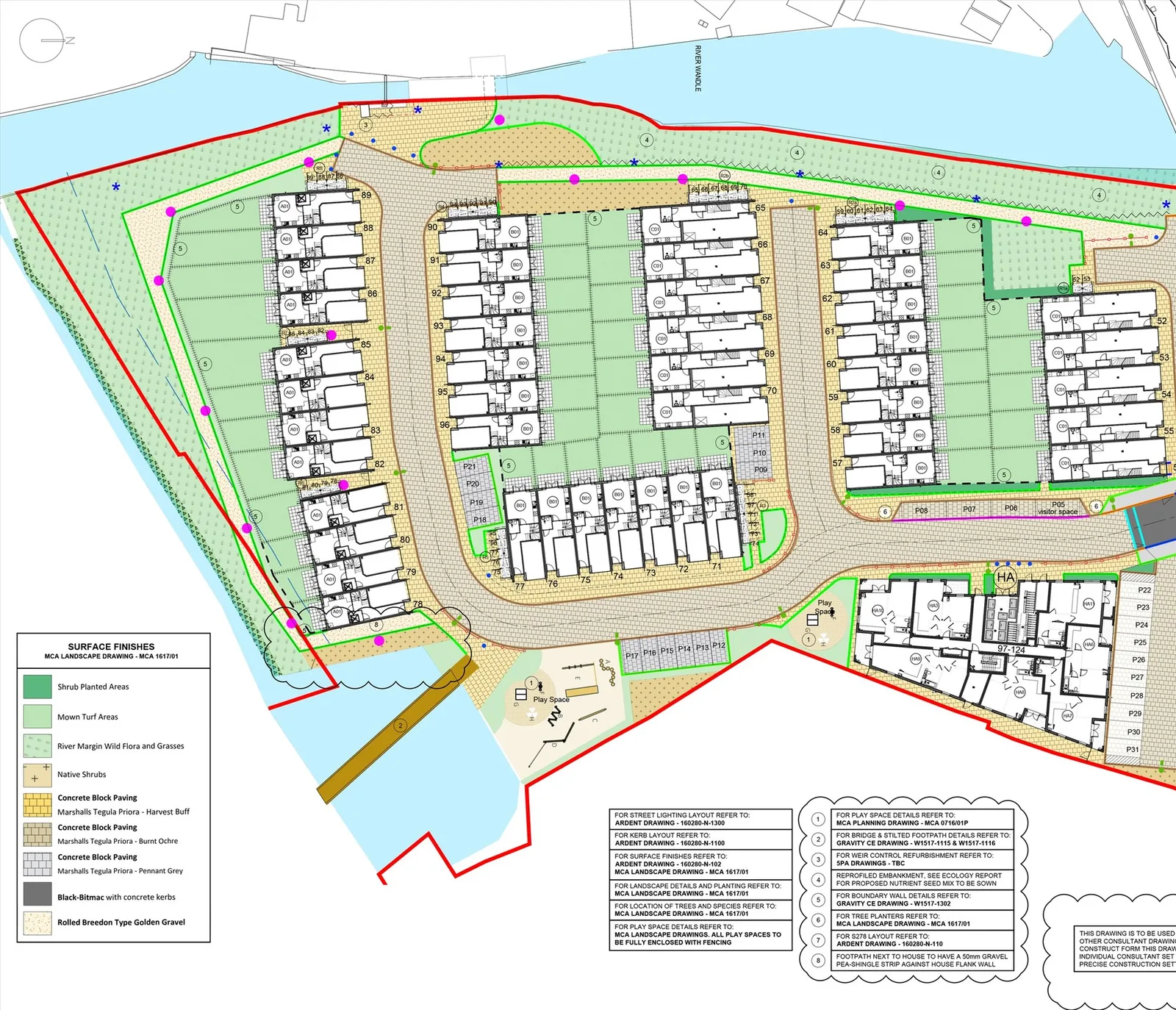 Coloured site plan of a riverside housing development with plots, roads and landscaping