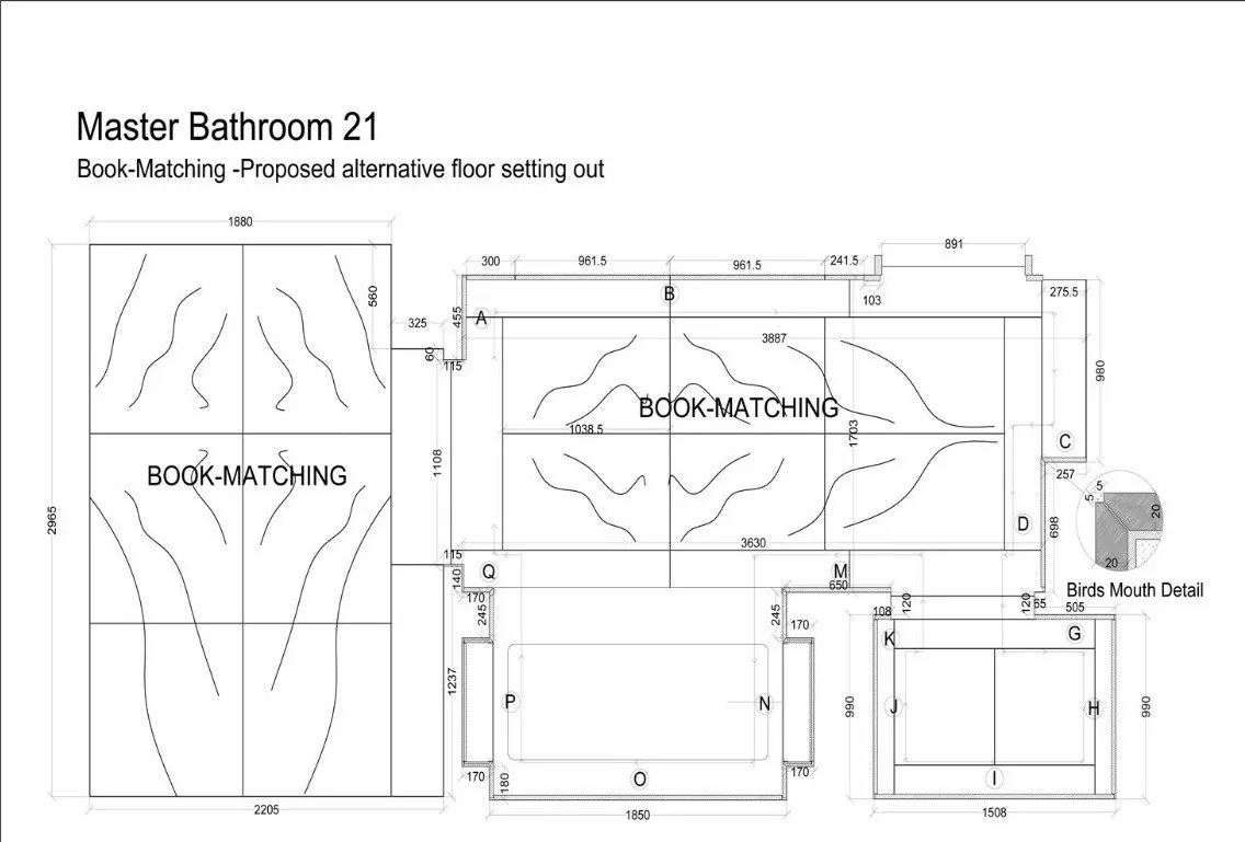 Book-matched marble floor and wall setting-out for a master bathroom