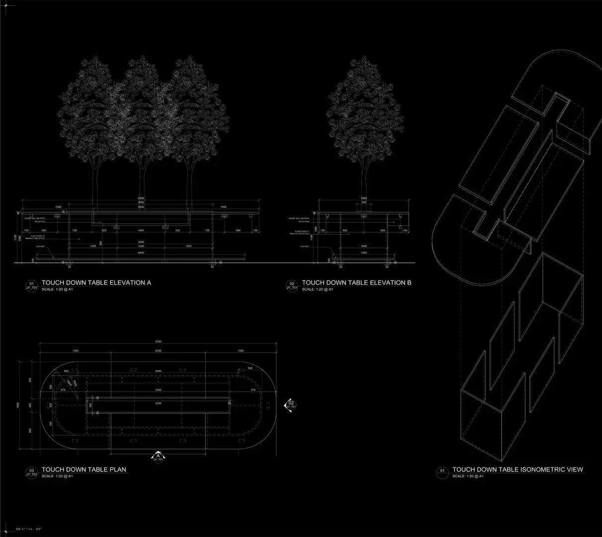 Elevations, plan and isometric view of a bespoke touch-down table, white lines on black